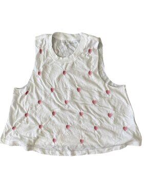 Spiritual Gangster Flowy White Muscle Tank- Embroidered Pink Hearts- Cropped- M